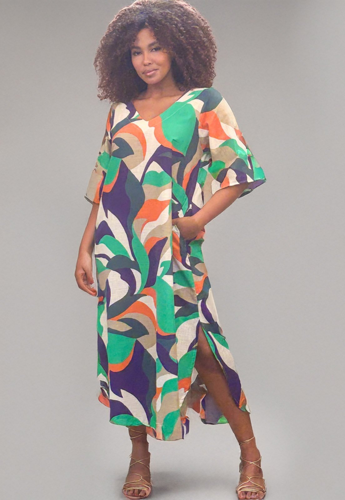 Vestido Cabanafree Midi Abapã Plano com Bolso Estampa Brisa do Mar