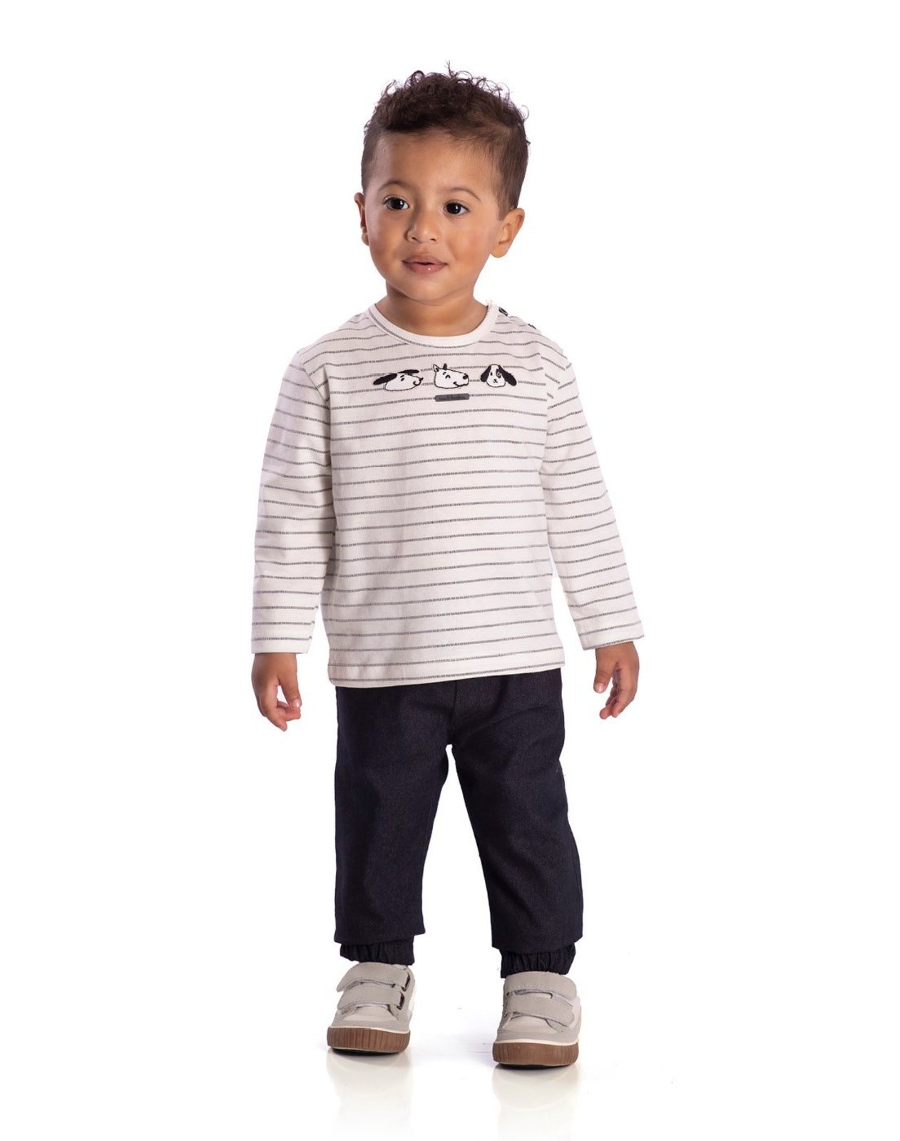 Infantil - Conj. camiseta manga longa malha listrada fio tinto + calça sarja preta