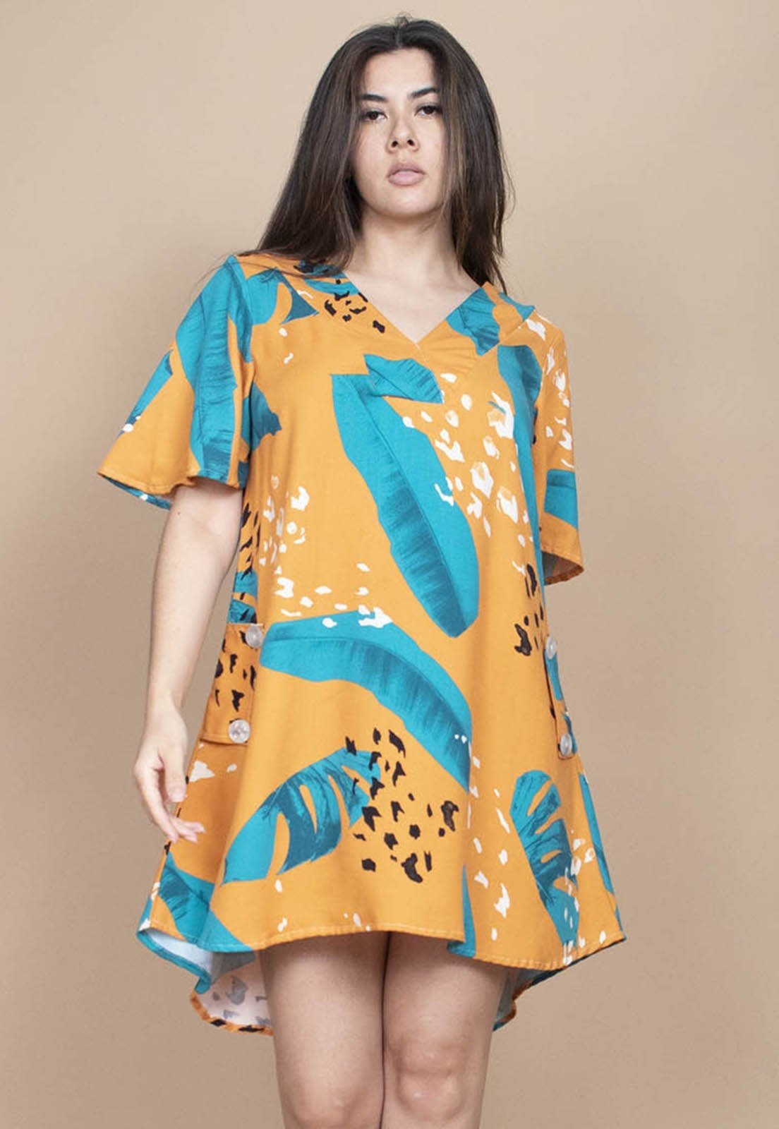 Vestido Cabanafree Curto Pataxô Viscose Mullet Decote V Estampa Aurora Botânica
