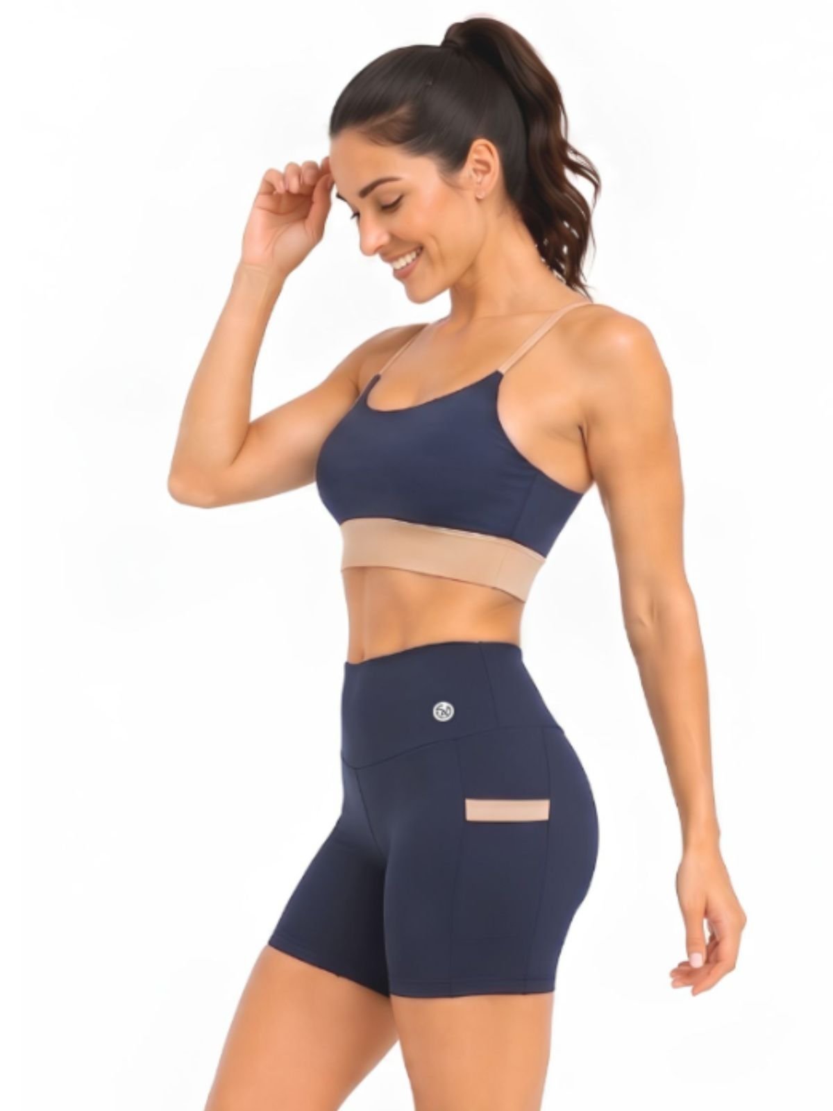 Conjunto Fitness Feminino Sallada Mista Short Poliamida Azul Bolsinho