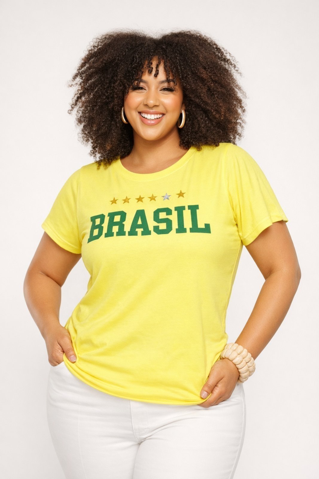 T-shirt Plus Size D Bell Outlet Fashion Seleção Brasil 6 Estrelas Amarelo