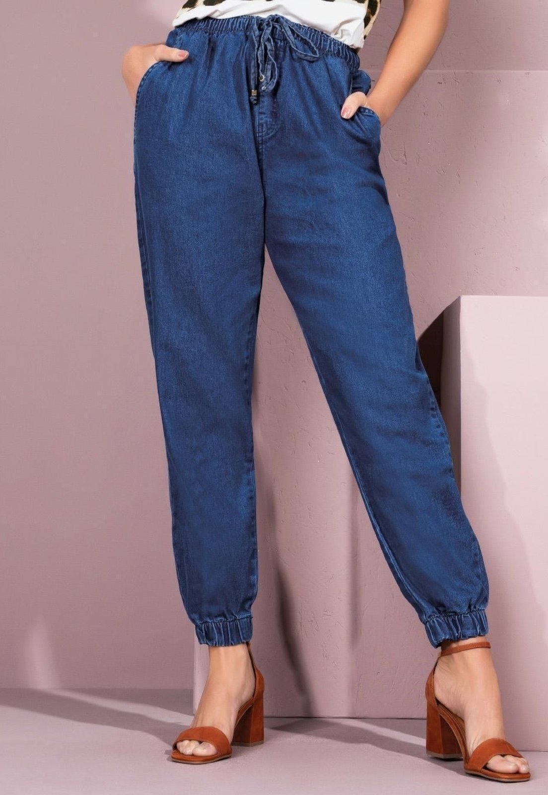 Vista 2 Calça Jogger Cintura Alta Com Bolsos Quintess azul Quintess azul
