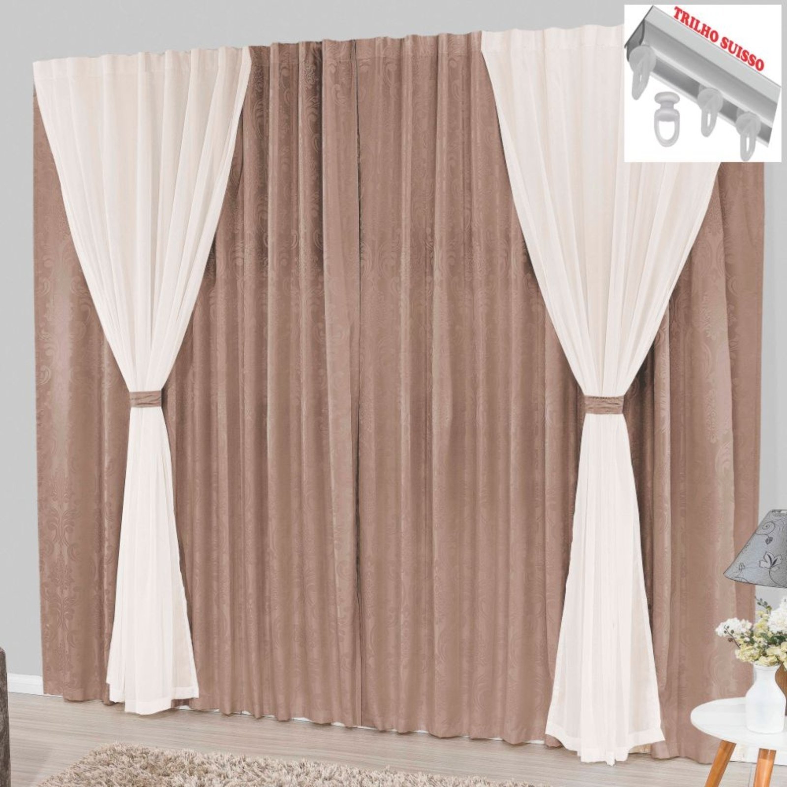 Cortina Bhaly Jacquard e Voal 4,00 X 2,50 Para Trilho Suisso - Bege - 100% Poliéster