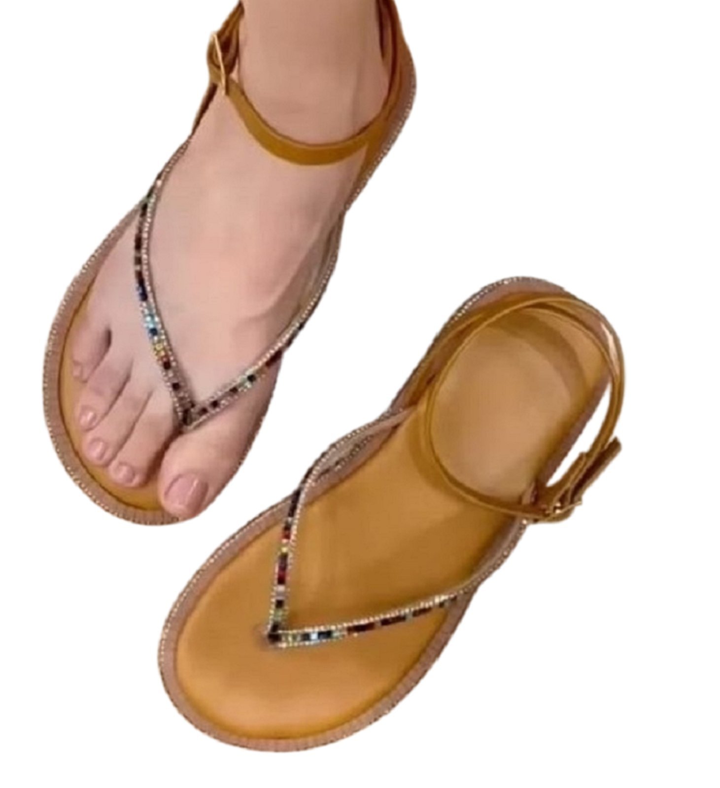 Sandália Sola Rasteira com Stras Ref 2304 Rofely Caramelo