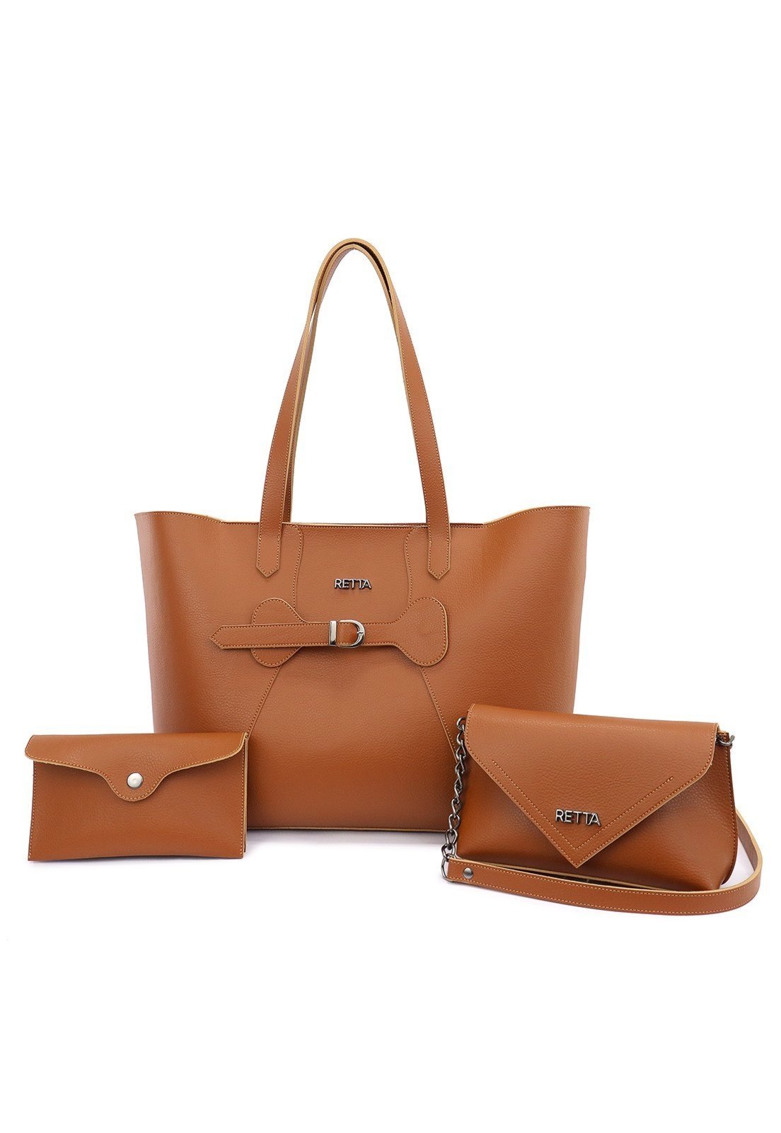 Kit 3 Peças Bolsa Feminina Juliana Sacola Grande Transversal e Necesserie Caramelo