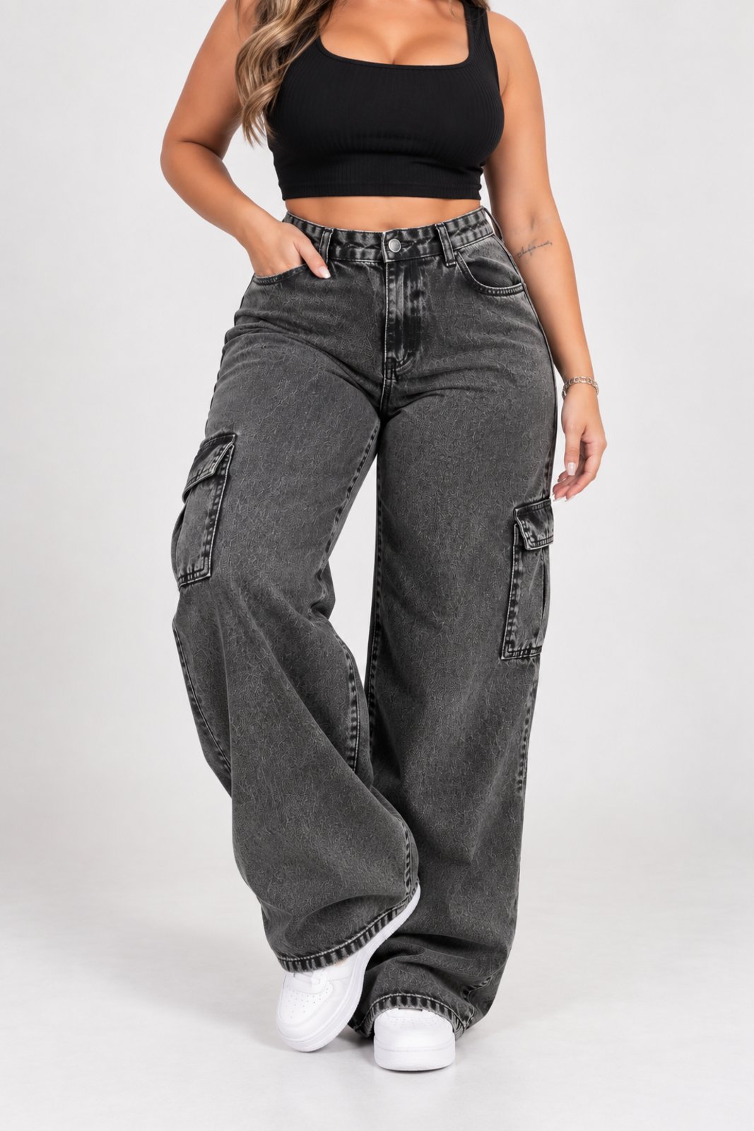 Calça Donna De Paula Cargo Grafite Feminina Plus Size Cintura Alta Despojada Moderna