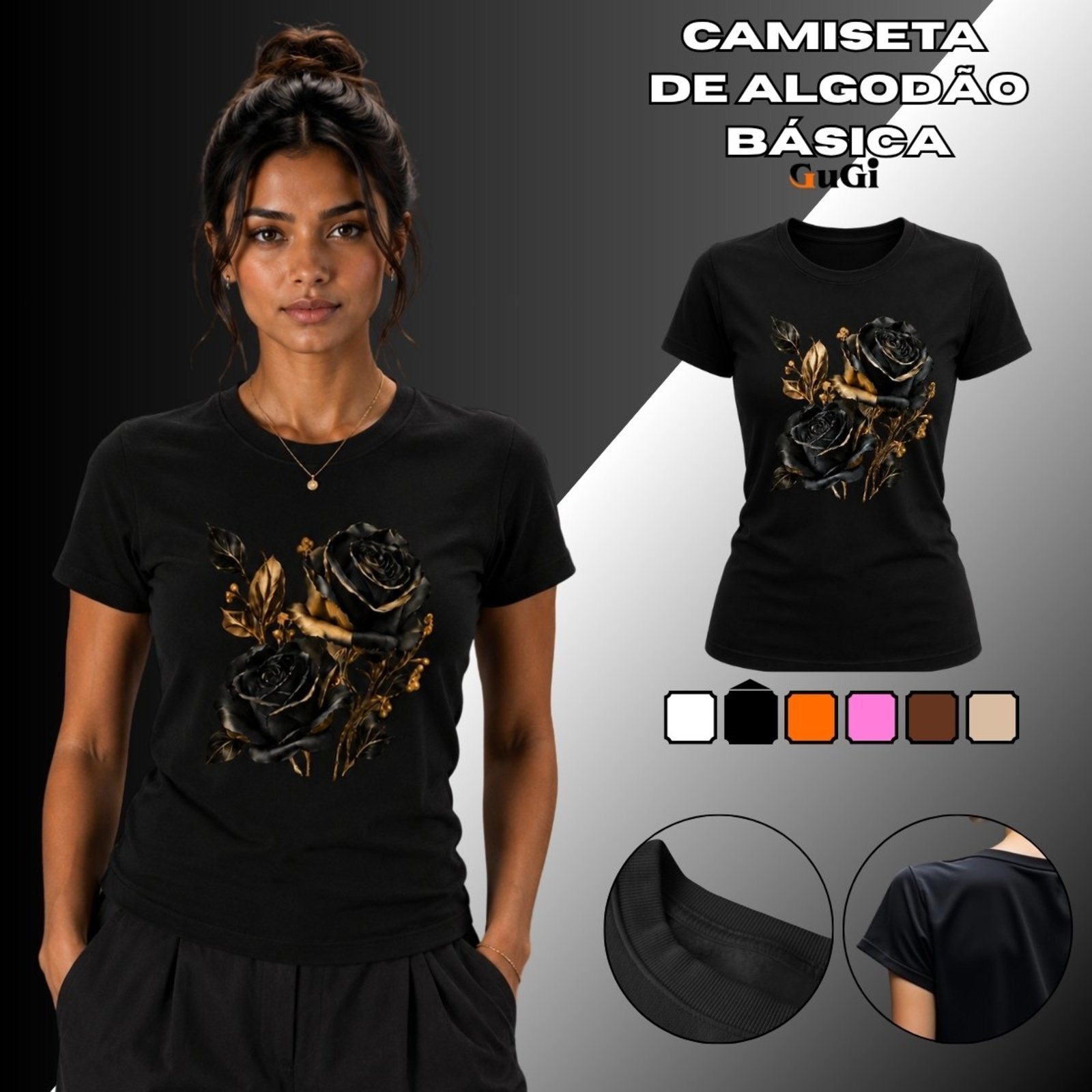 Camiseta Feminina Rosas Floral 100% Algodão Premium Rosa