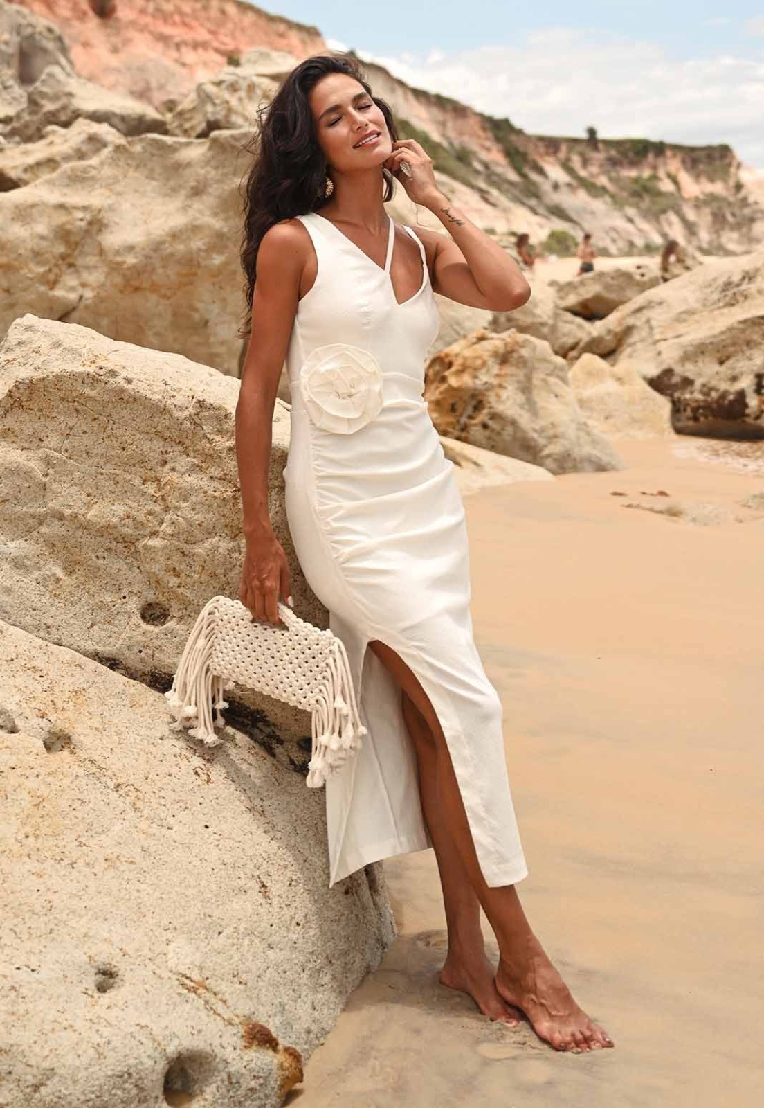 Vestido Midi Flor 3D Off White