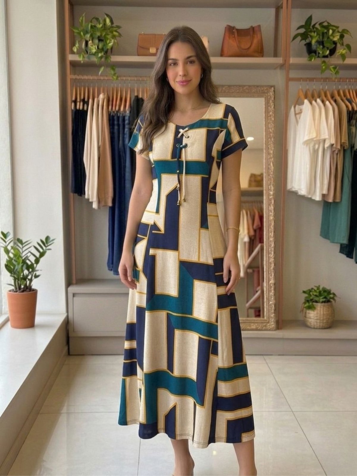 Vestido Midi Rodado Soltinho Moda Evangélica Estampado Feminino Verde Geométrico