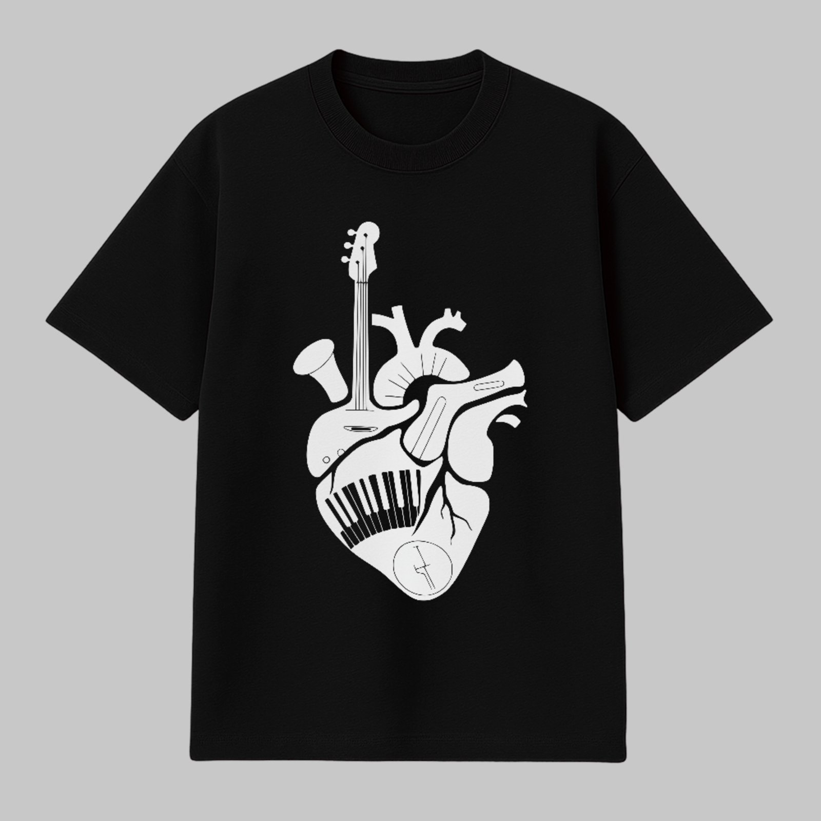 Camiseta Básica Coração Musical Instrumentos Estilo Artístico Preto