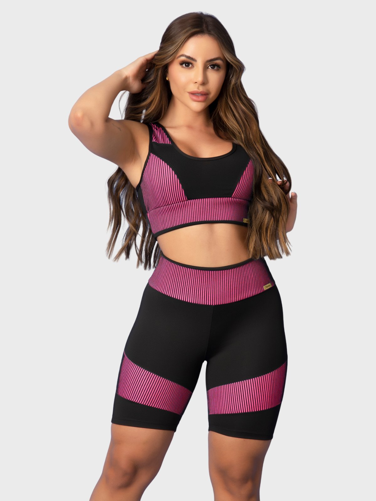 Conjunto Fitness Tarelles Top Short 3D Preto e Rosa