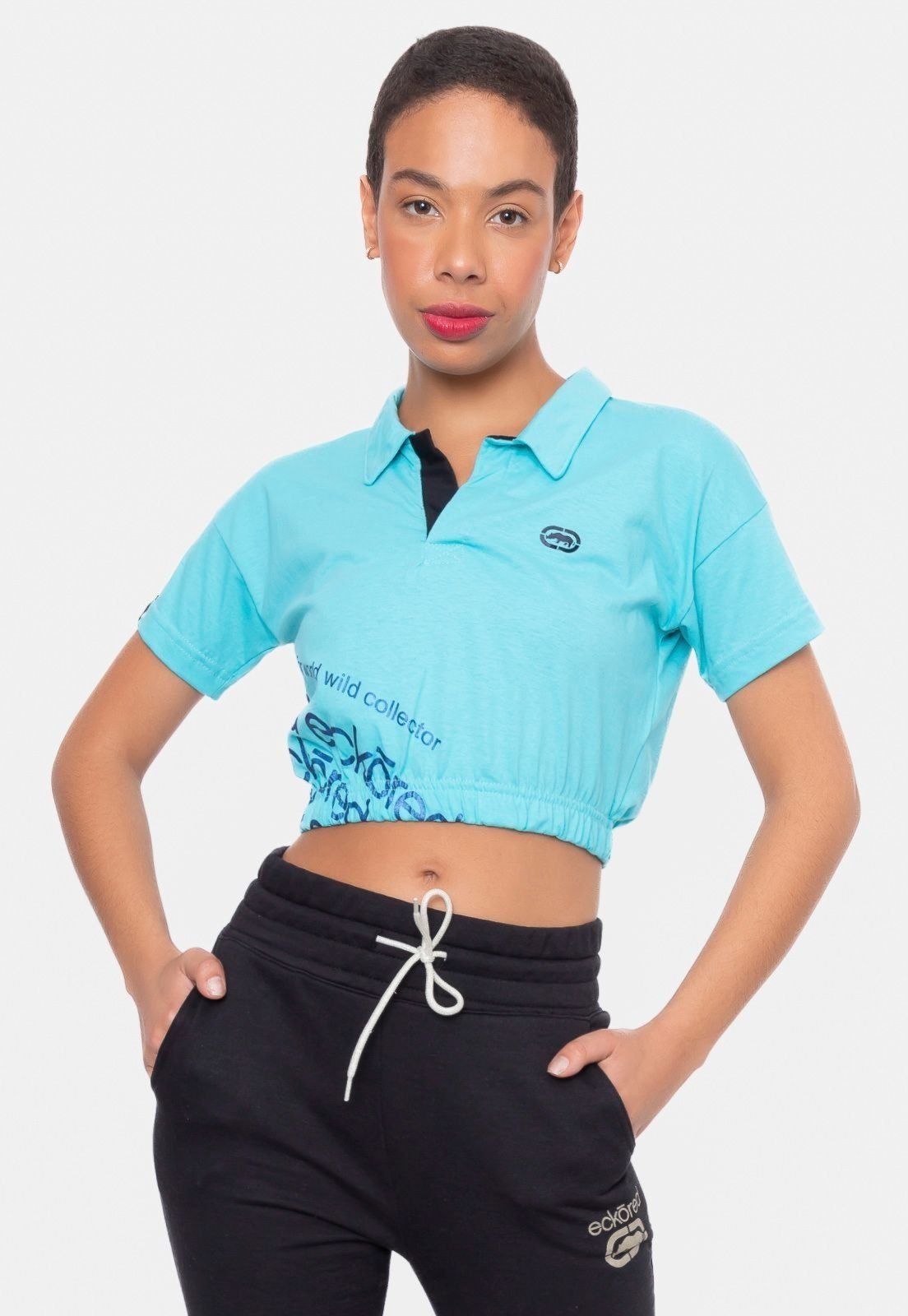 Camisa Polo Ecko Feminina Cropped Especial Azul Claro