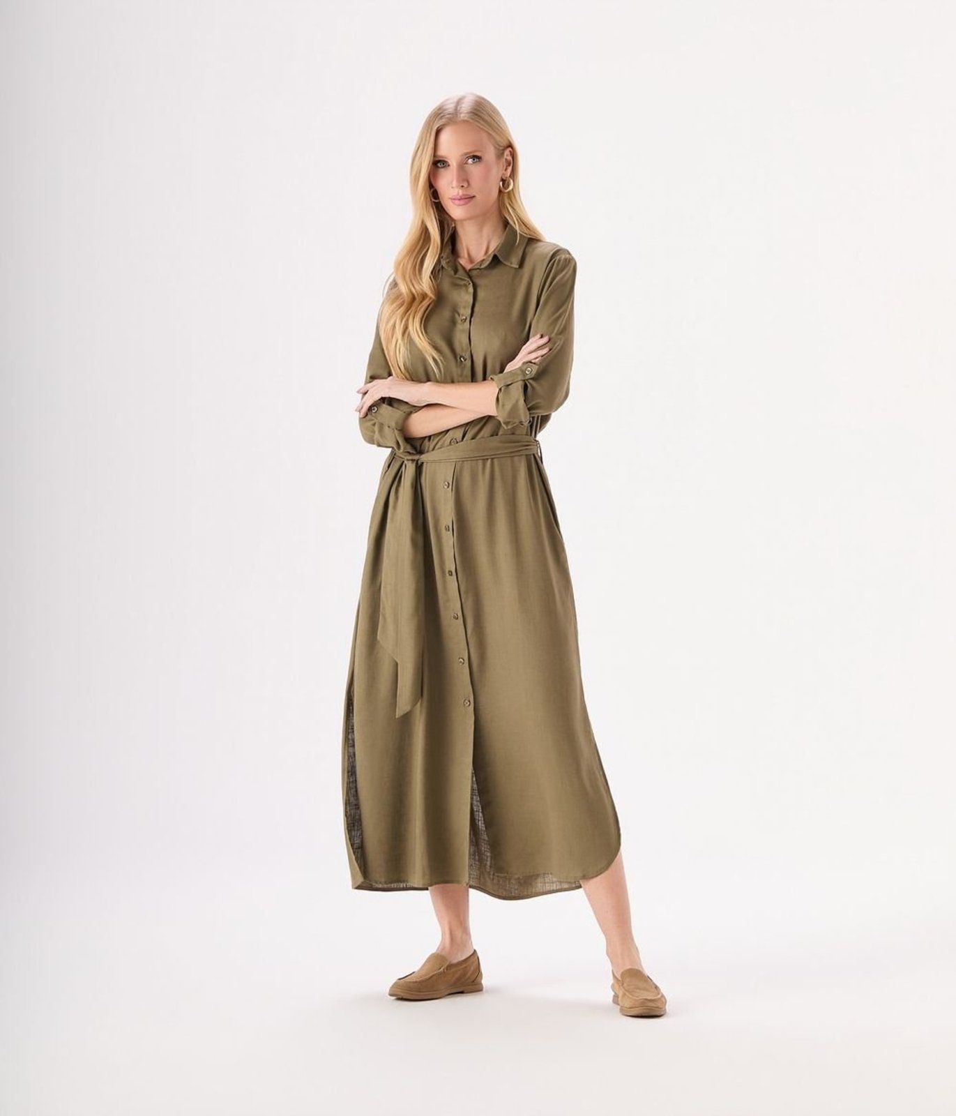 Vestido Makenji Chemise Manga Longa Com Martingale Feminino Verde Oliva