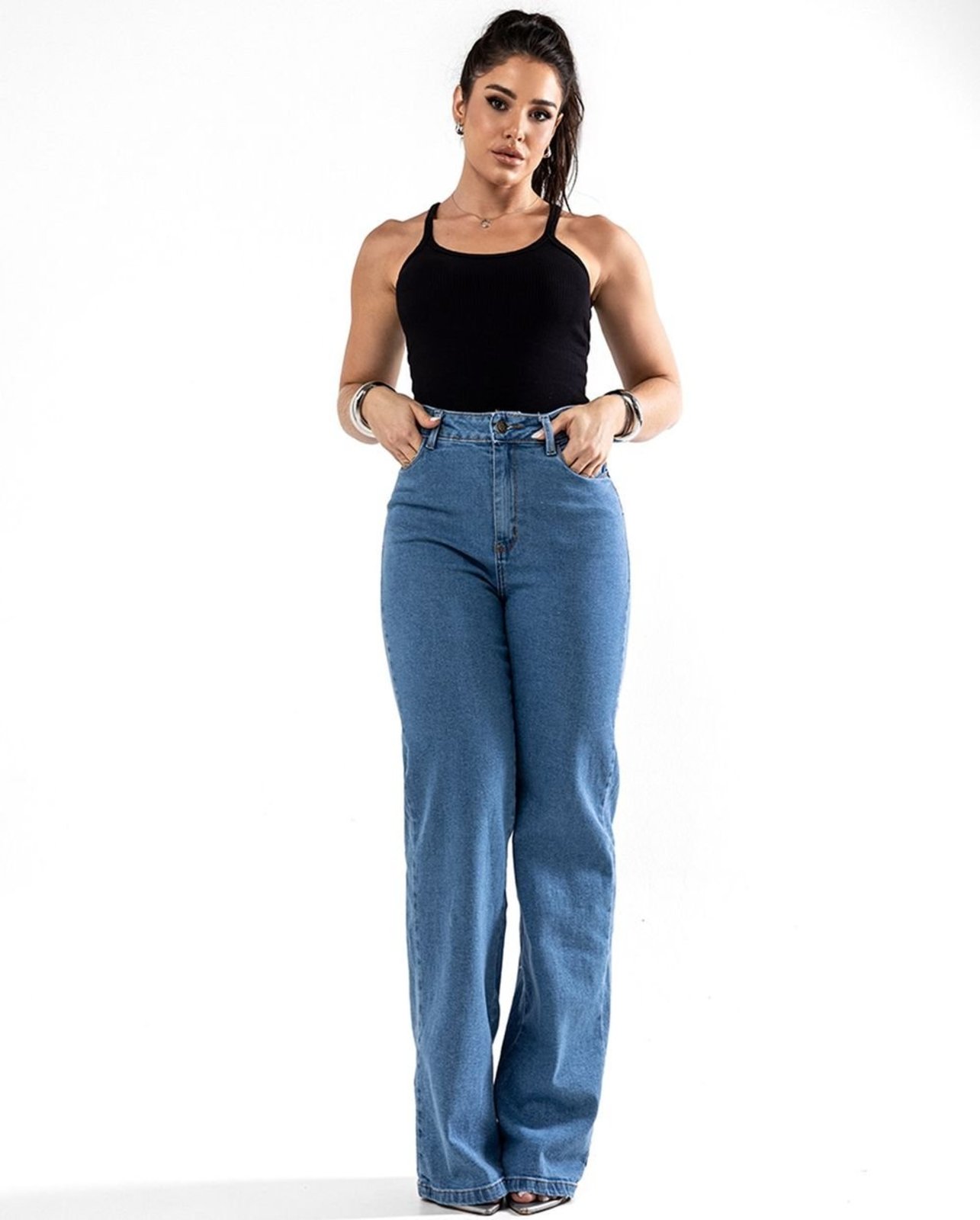 Calça Jeans Wide Leg Feminina Cintura Alta Básica com Elastano 28000 Média Consciência