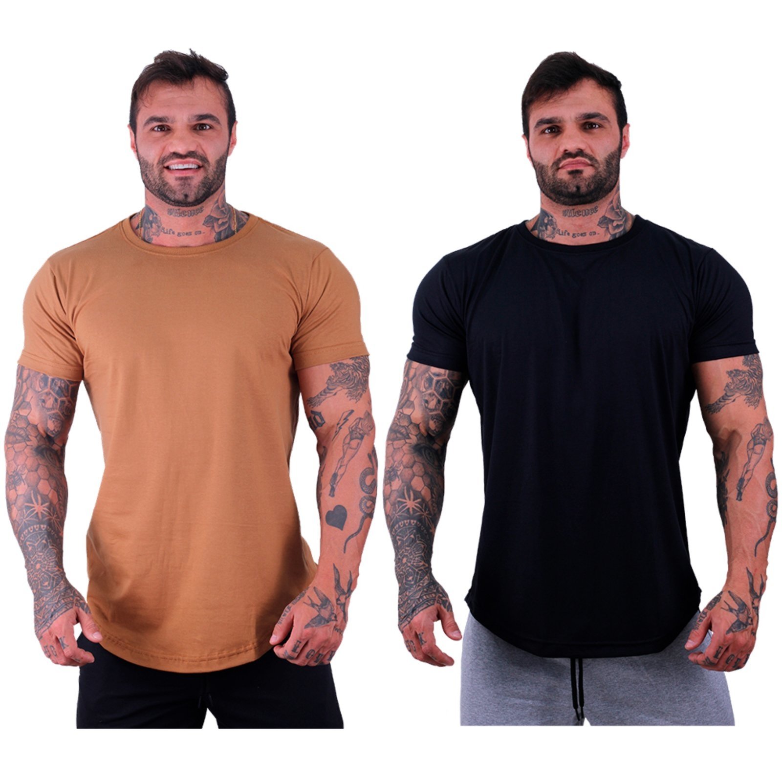Kit 2 Camiseta Longline Masculina MXD Conceito para Academia e Casual Slim Caramelo e Preto