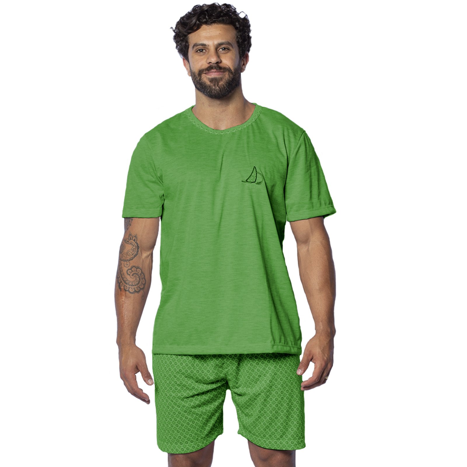 Vista 2 Pijama Masculino Gabi Lingerie de Malha Confortável Verão Manga Curta Poliéster Fresco Elegante cinza Gabi Lingerie cinza