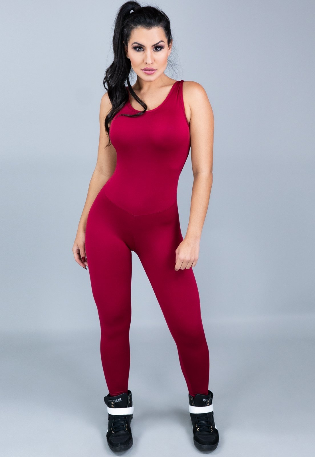 Macacão Longo MVB Modas Costa Nua Fitness Suplex Estampado Vinho