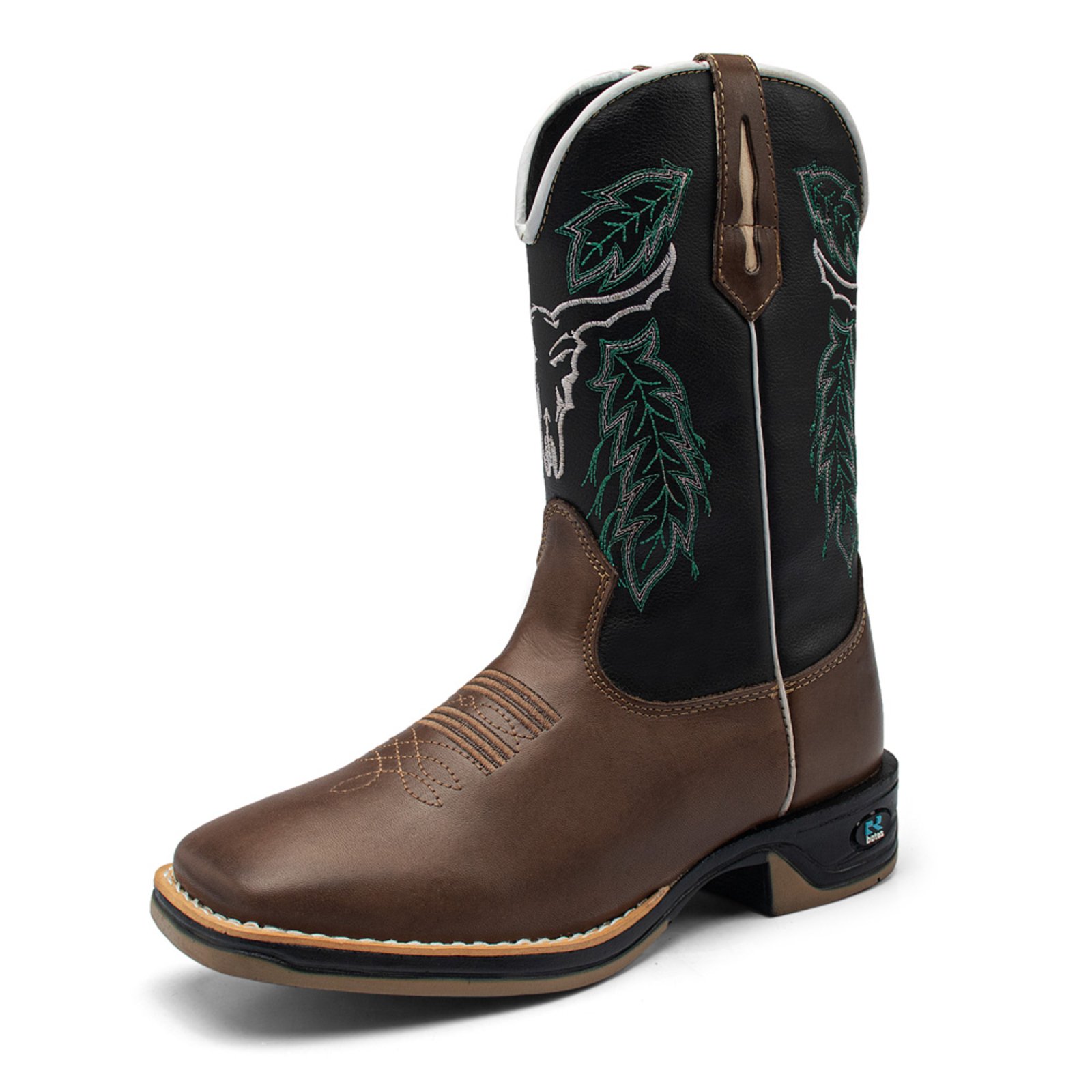 Bota Texana Masculina RR Botas Country Em Couro Com Bordado Bico Quadrado Cano Alto Marrom