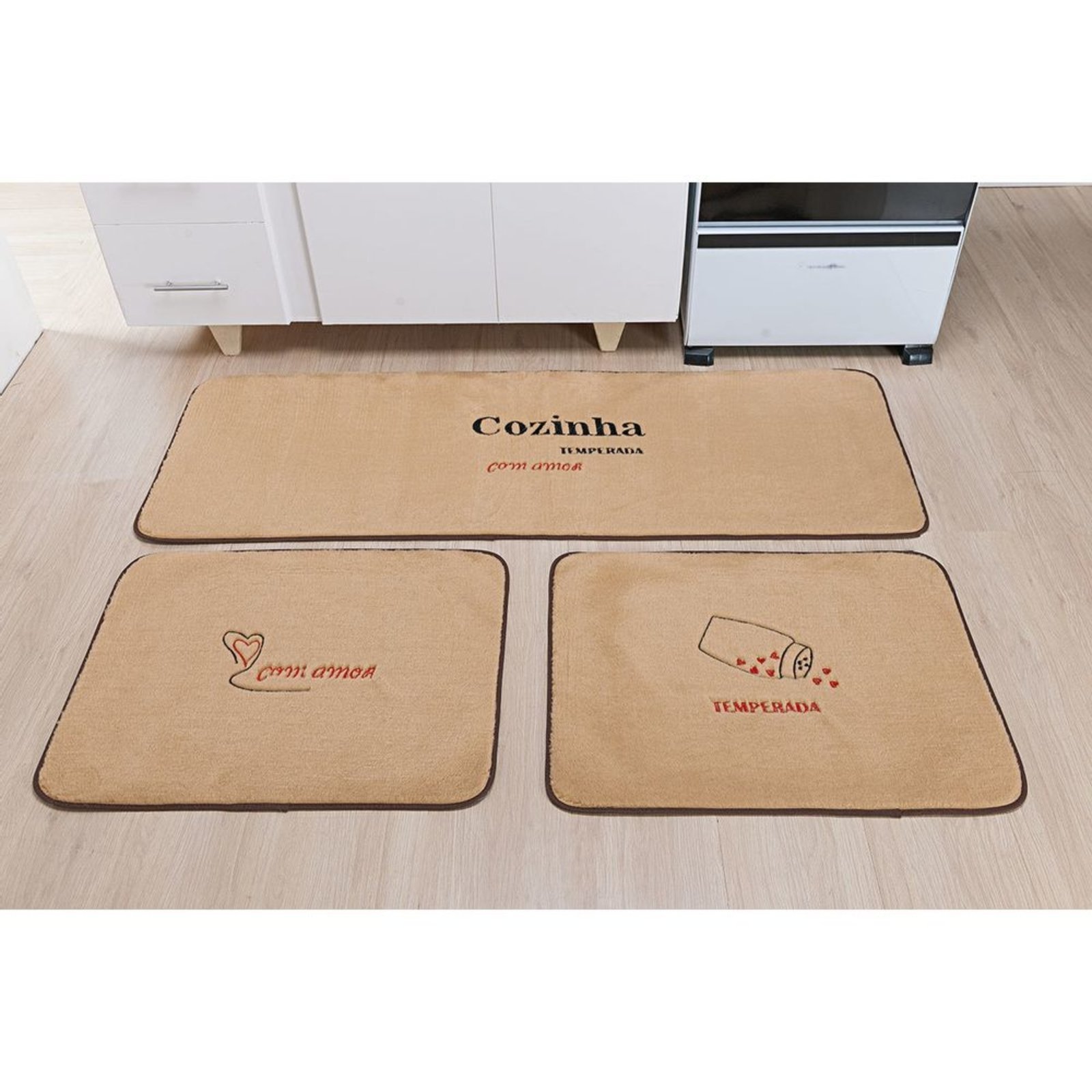 Kit de Tapetes para Cozinha com 3 Peças - Temperos - Bege