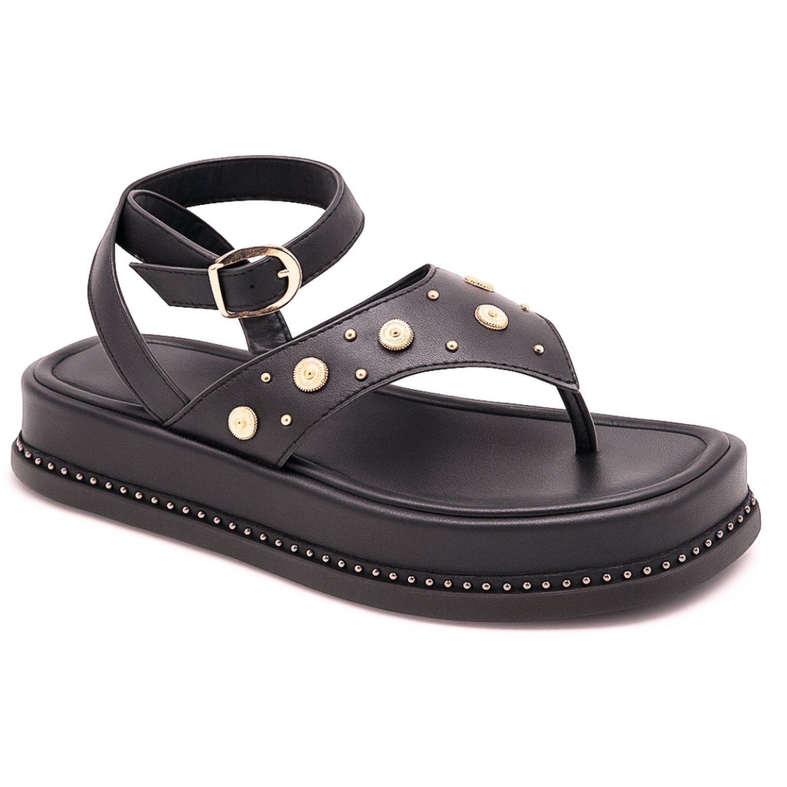 Sandália Feminina Flatform Papete Aplique Tachas Fashion Preta 23402
