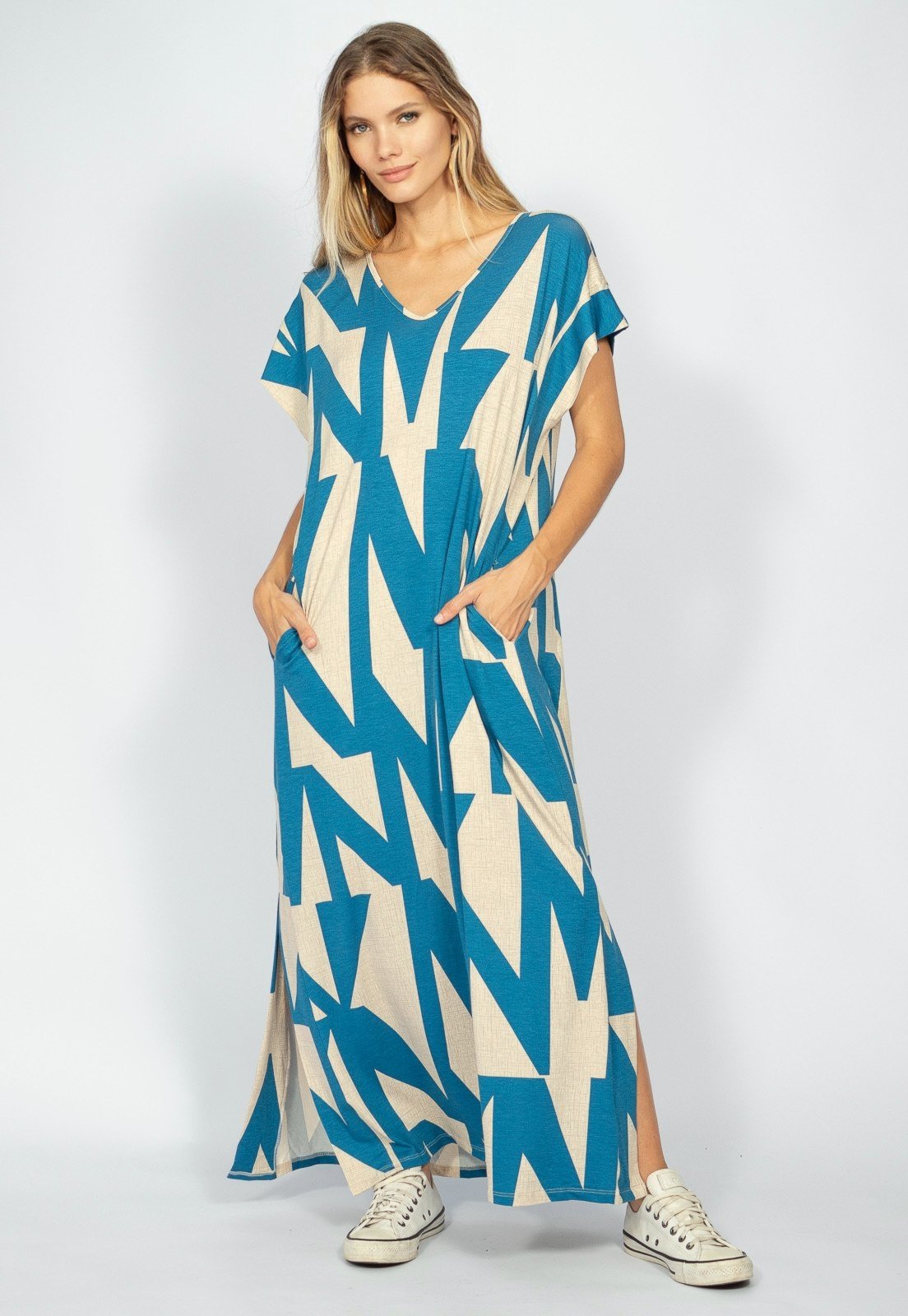 Vestido Nheengatu Malha Amazonia Vital Malha Geométrico Blue e