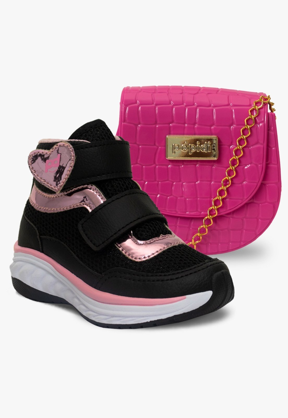 Vista 2 Infantil - Kit Bolsa e Tenis Menina Cano Alto Pópidi Preto Pink branco pink Pópidí branco pink