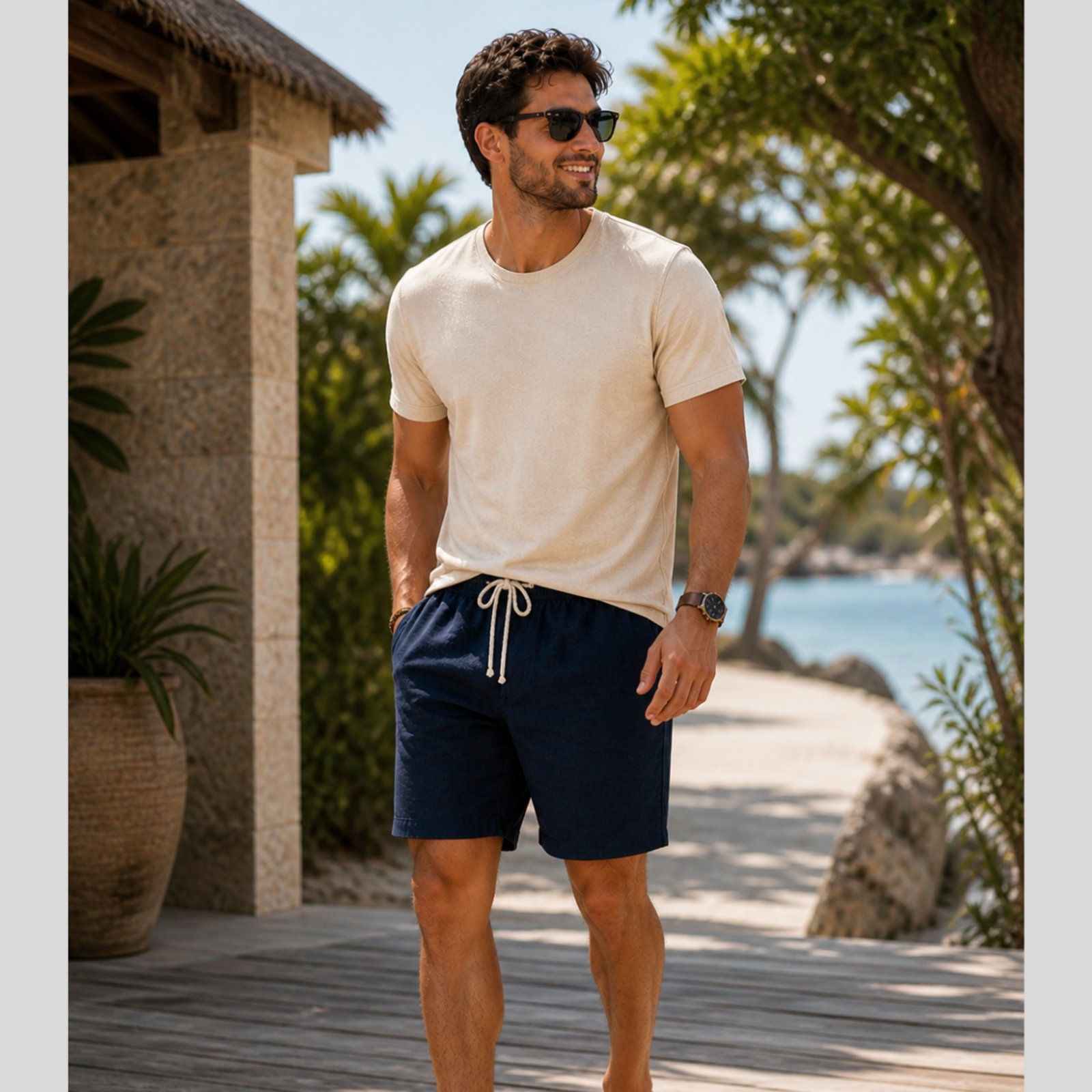 Bermuda De Linho Masculina Short Com Cordão Mauricinho Leve Azul Marinho