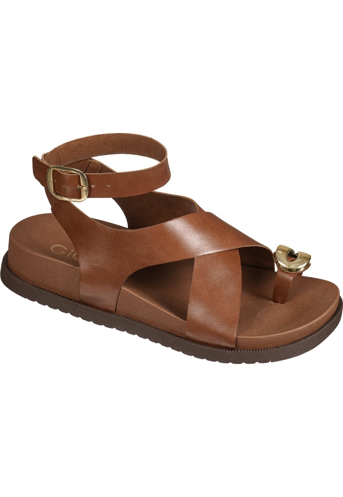 Vista 3 Sandália Feminina Papete GiGiL Tiras Largas X De Dedo Detalhe Metalizado Boho Caramelo preto Gigil preto