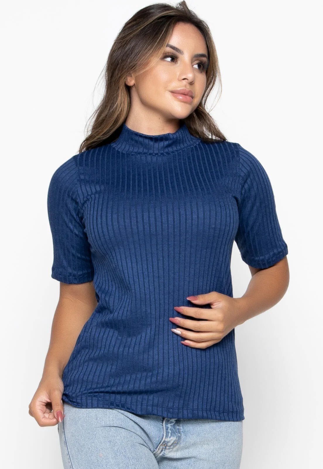 Blusa Canelada Bravaa Store Feminina Gola Alta Liso Inverno Cacharrel 300 Azul