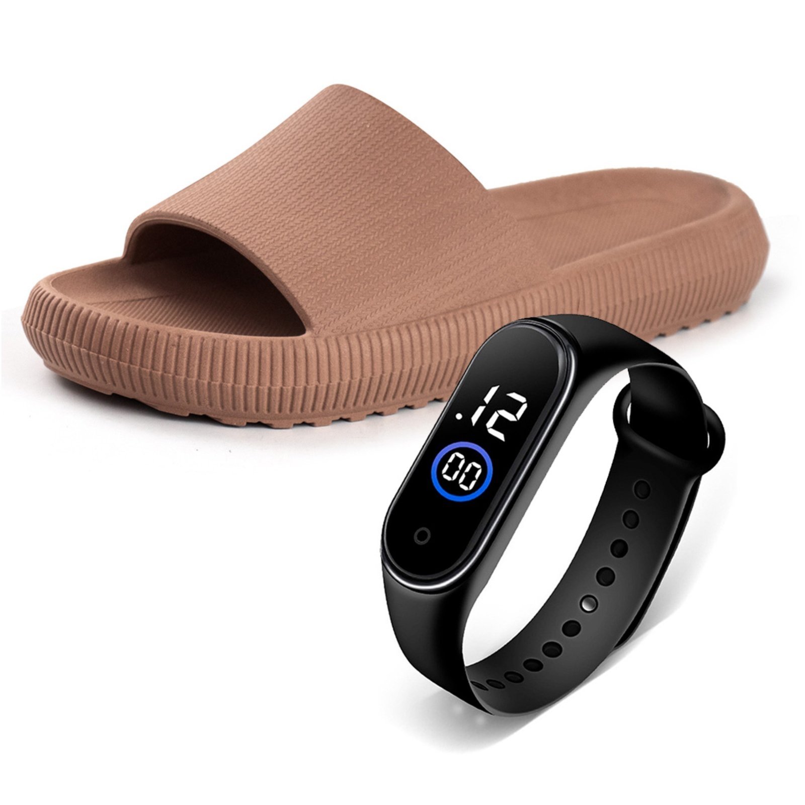 Vista 2 Chinelo Feminino Nuvem Slide Confortável Anatômico Macio Moderno Antiderrapante Com Relógio BREDENI marrom BREDENI marrom