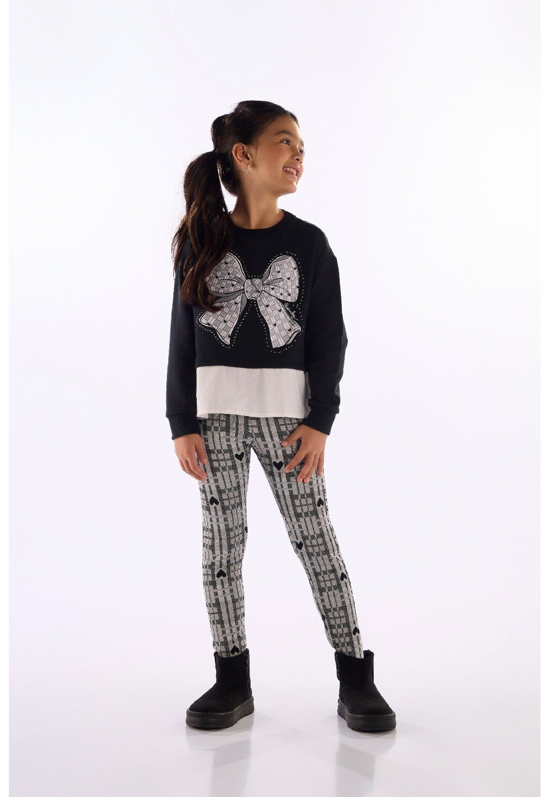 Infantil - Conjunto Blusão Laço Legging Xadrez Quimby Preto