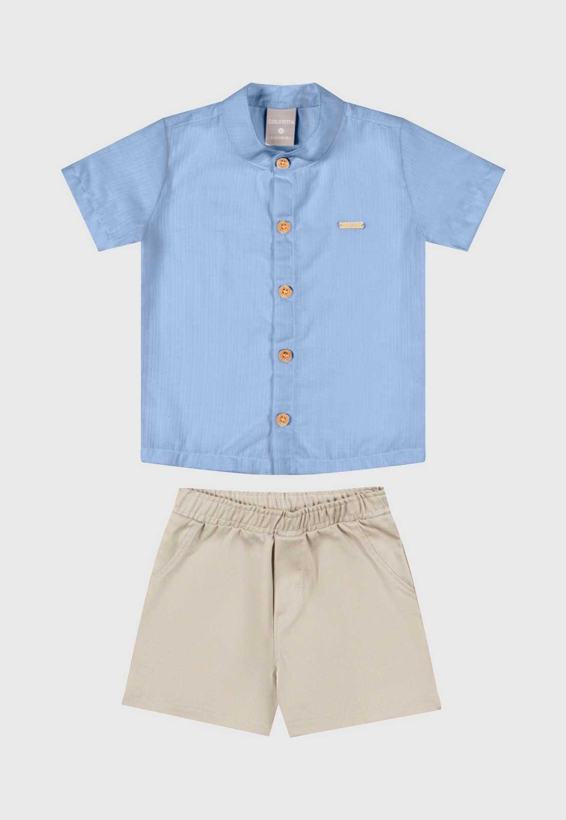 Conjunto Curto Colorittá Blusa Azul Claro e Short Bege