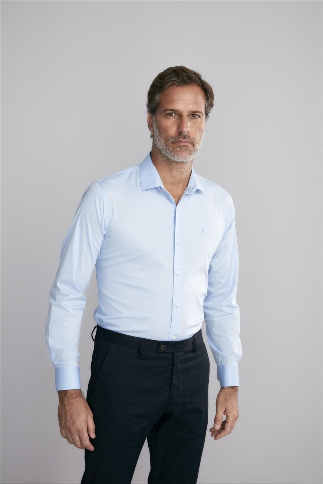 HIGHSTIL Camisa Lisa Manga Longa Fio Tinto Slim Fit - Azul Claro