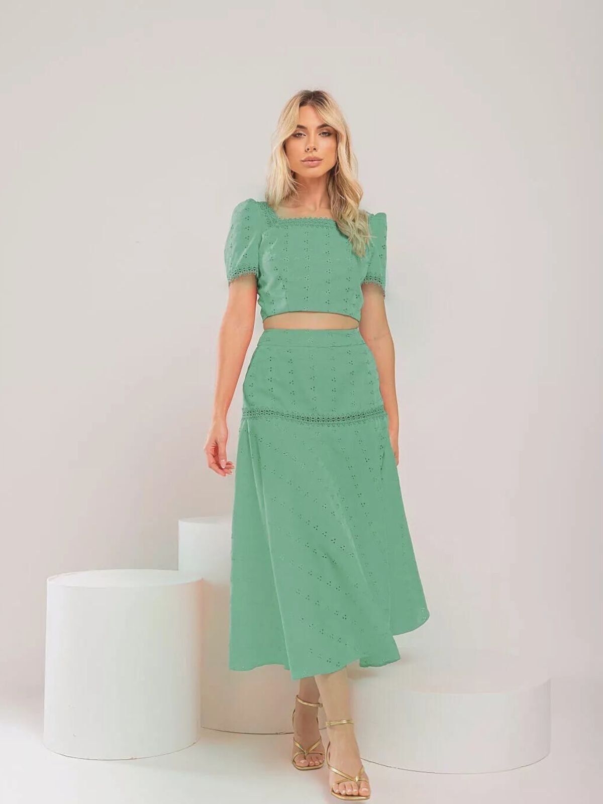 Conjunto Cropped e Saia em Laise Lily Daisy LD501 Chá Verde