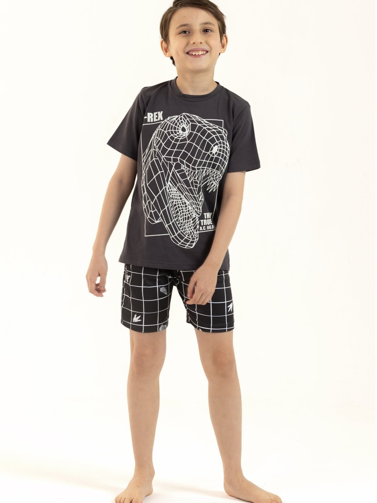 Pijama Menino Manga Curta de Verão Brilha no Escuro Tecno Rex Magicamente