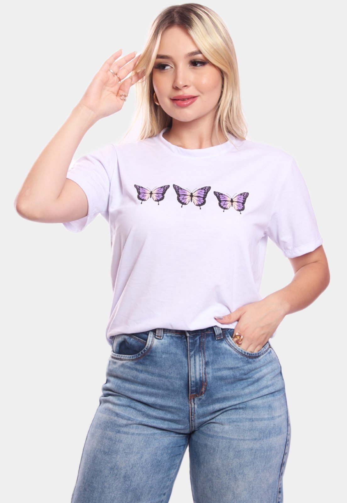 Tshirt Blusa Feminina 3 Borboletas Estampada Manga Curta Camiseta Camisa Branco