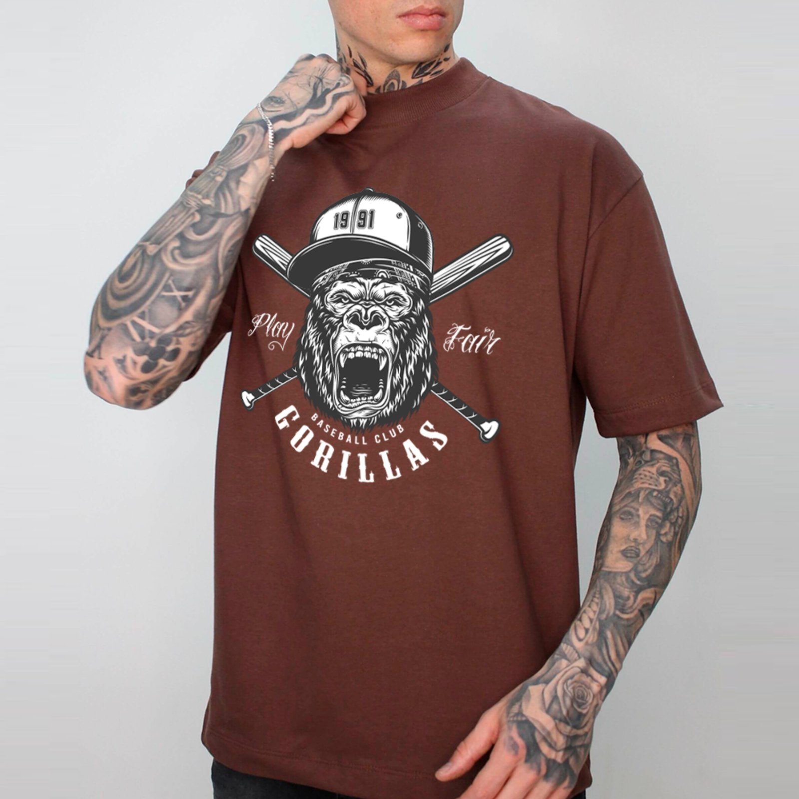 Vista 2 Camiseta Ousy Unissex Streetwear Play Fair Gorila Estilo Esportivo Oversized branco ousy branco
