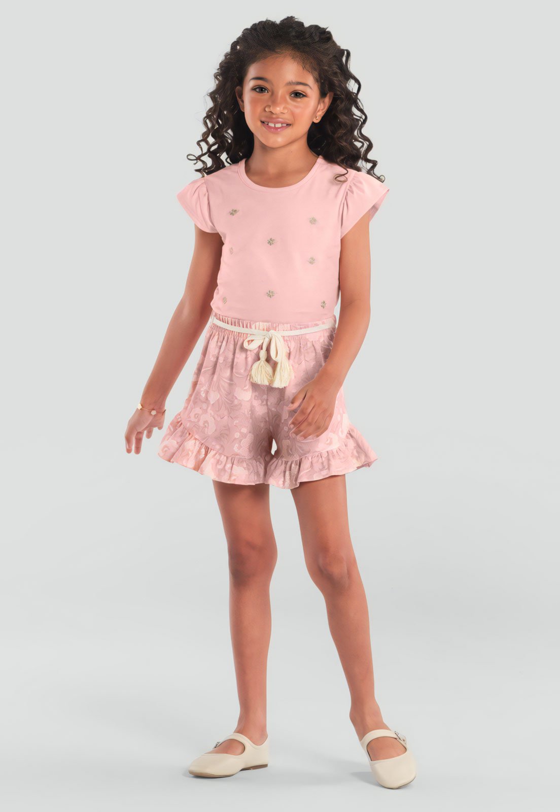 Infantil - Conjunto 2pçs Manga Curta Brandili Mundi Floral Rosa