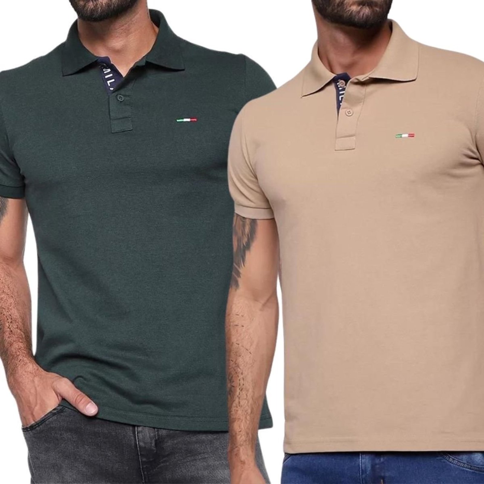Kit 2 Polos Masculina Básicas Bordado Itália Verde Bege
