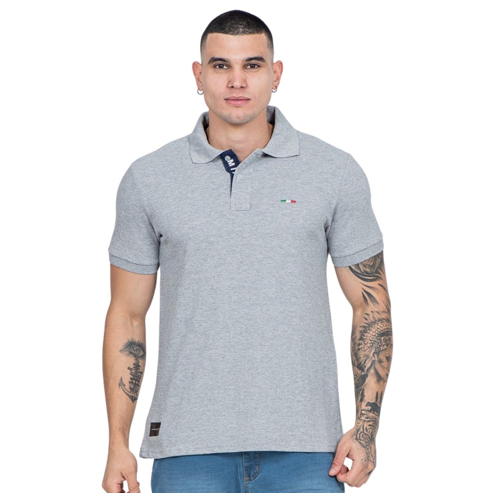 Camisa Polo FMF Masculina Básica Industrie Piquet no Estilo Tommy Bordado França Cinza