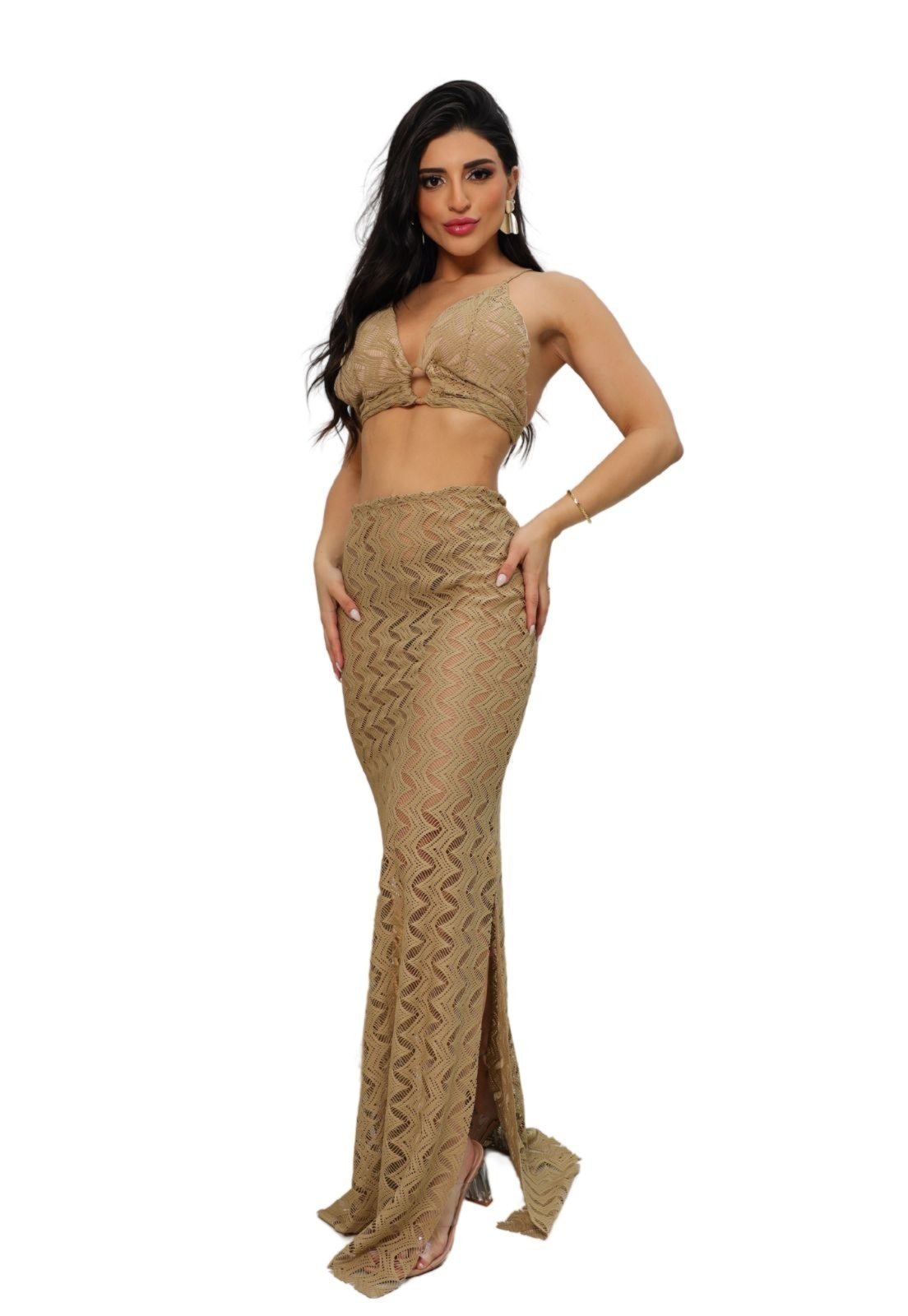 Conjunto Renda Saia Longa e Top Alcinha Com Hot Panties Sampaio Nude