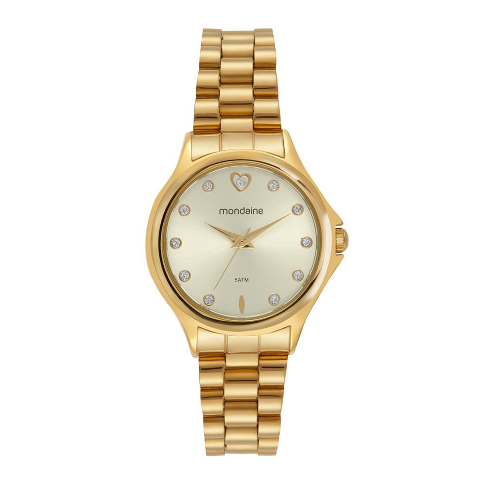 Relógio Feminino Cristais e Coração Dourado Com Porta-Joia Com Espelho Mondaine