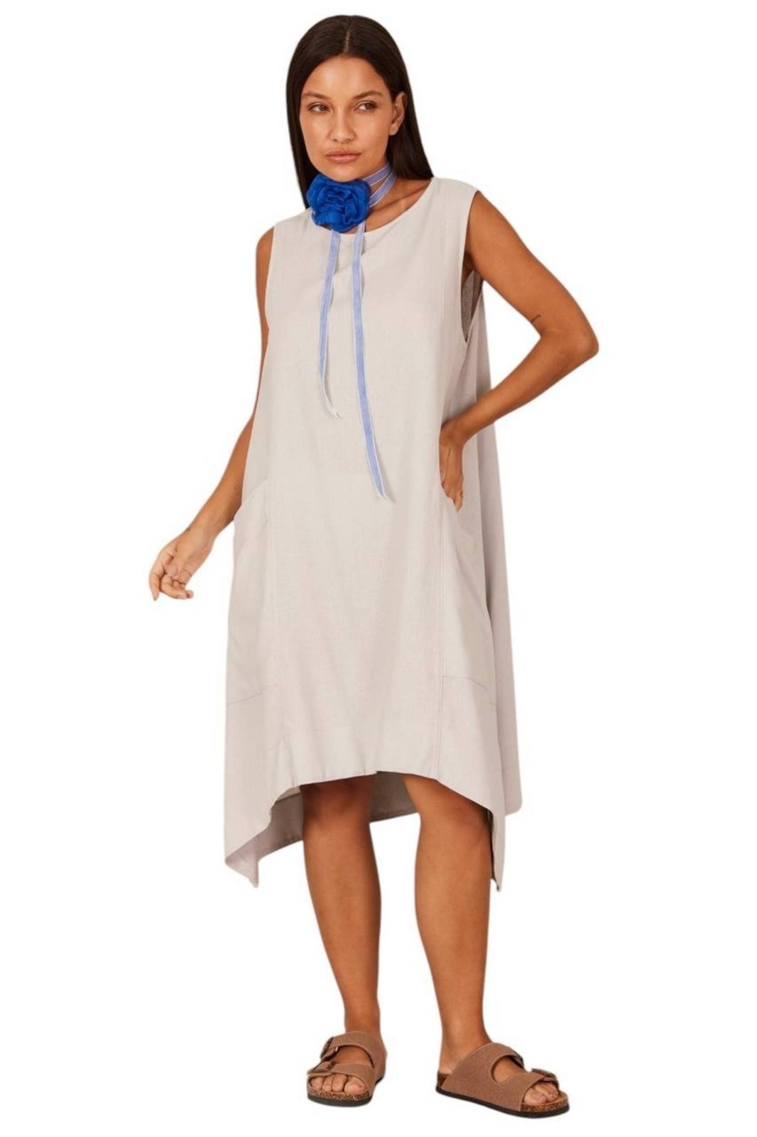 Vestido Curto De Linho Regata Cinza Claro Yacamim C28 Liso – Cinza