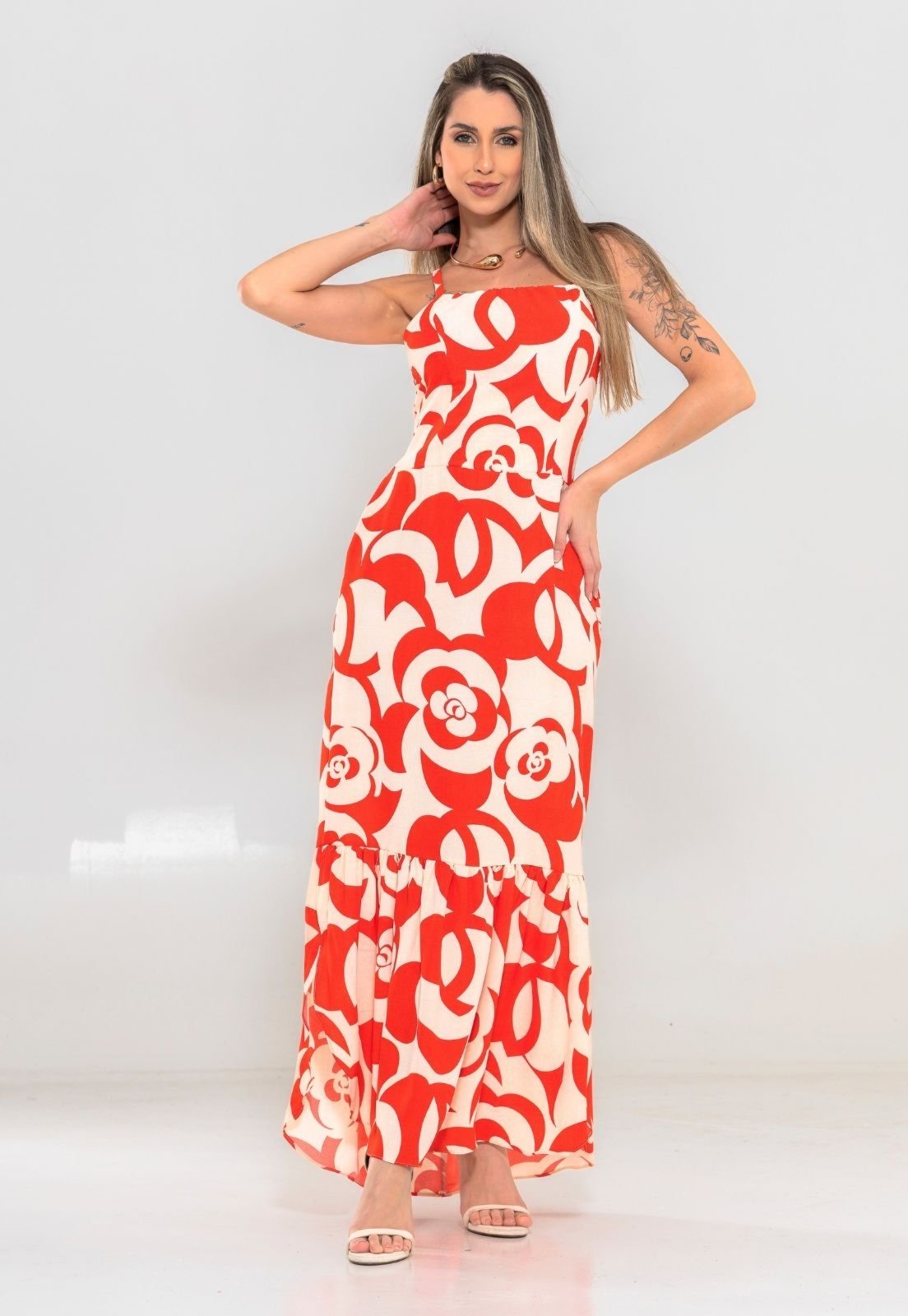 Vestido Longo com Fenda Lateral Katia Floral em Duna Premium Vermelho – Docce Mulher