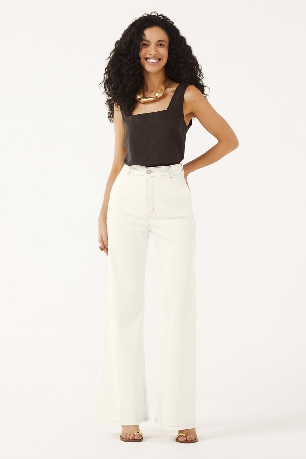 Calça Feminina Sarja Wide Leg Bolsos Marialícia Bege