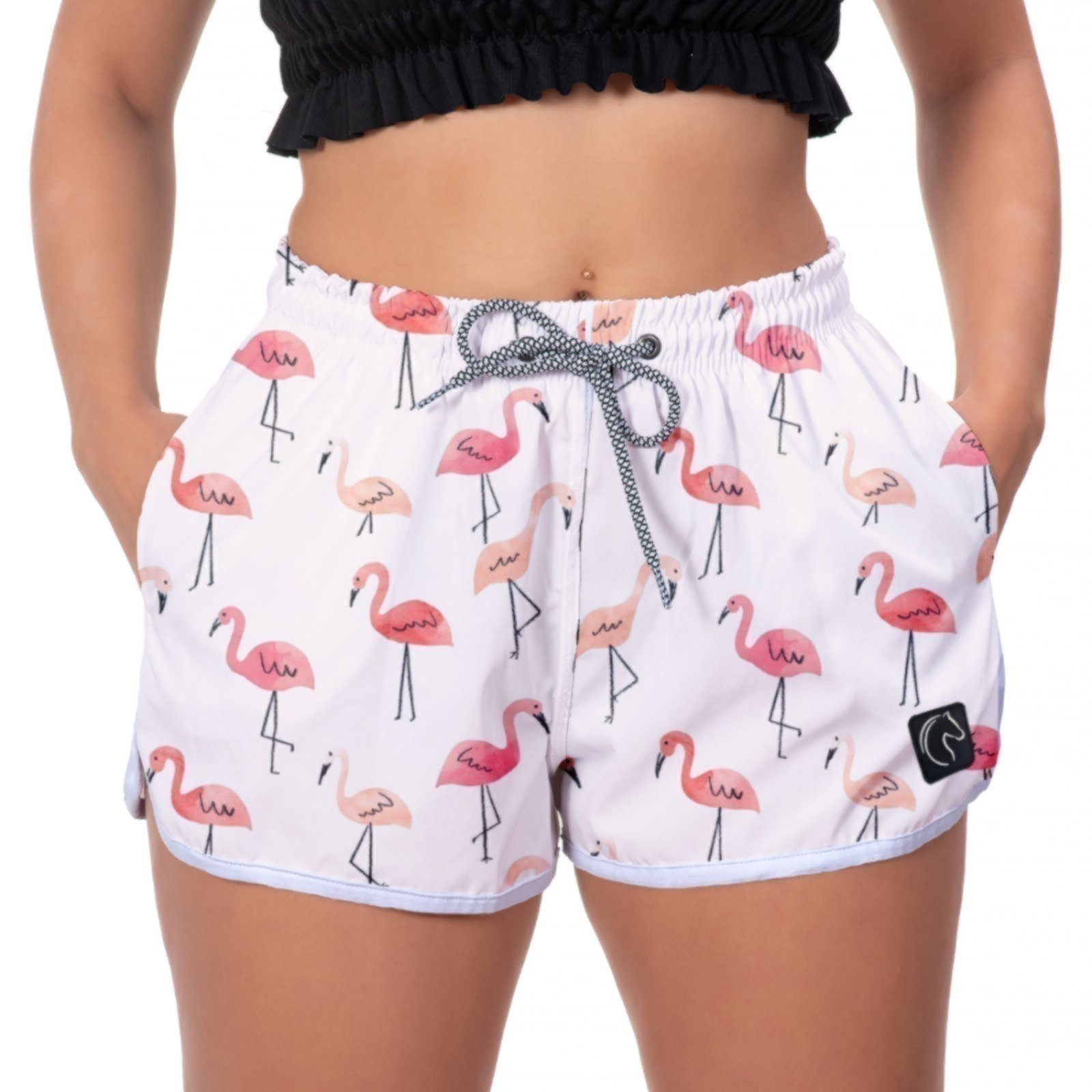 Short Feminino W2 Premium com Elástico e Cordão Ajustável Bolsos Laterais e Secagem Rápida Casual Praia ou Academia Flamingos Branco