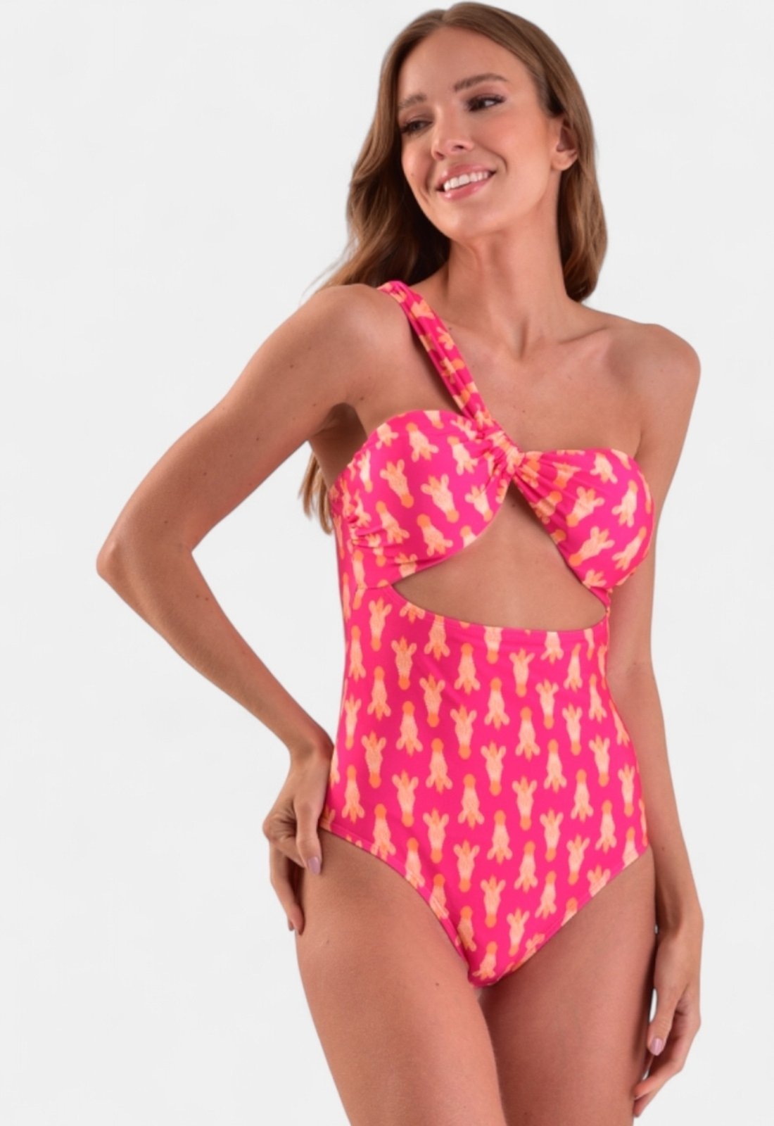 Maiô Areia Branca Baly Ombrê Giraffe Rosa