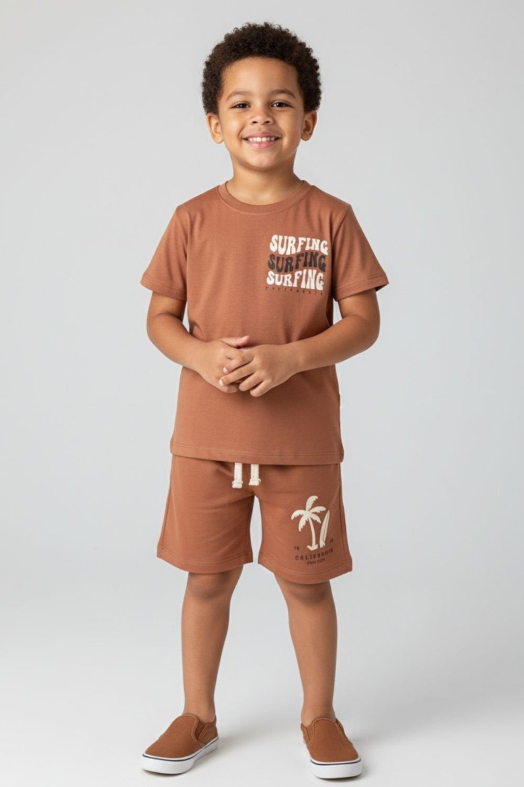 Infantil – Conjunto Bem Vestir Masculino Camiseta e Bermuda Estampa Surfing Marrom
