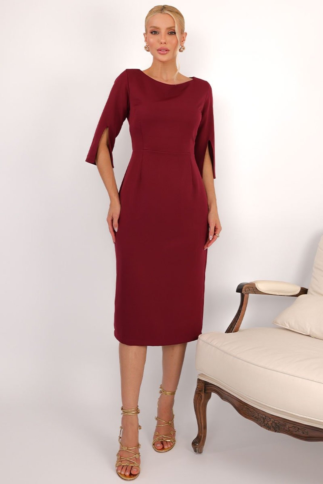 Vestido Midi Angela Manga 3/4 Tubinho Elegante Vinho