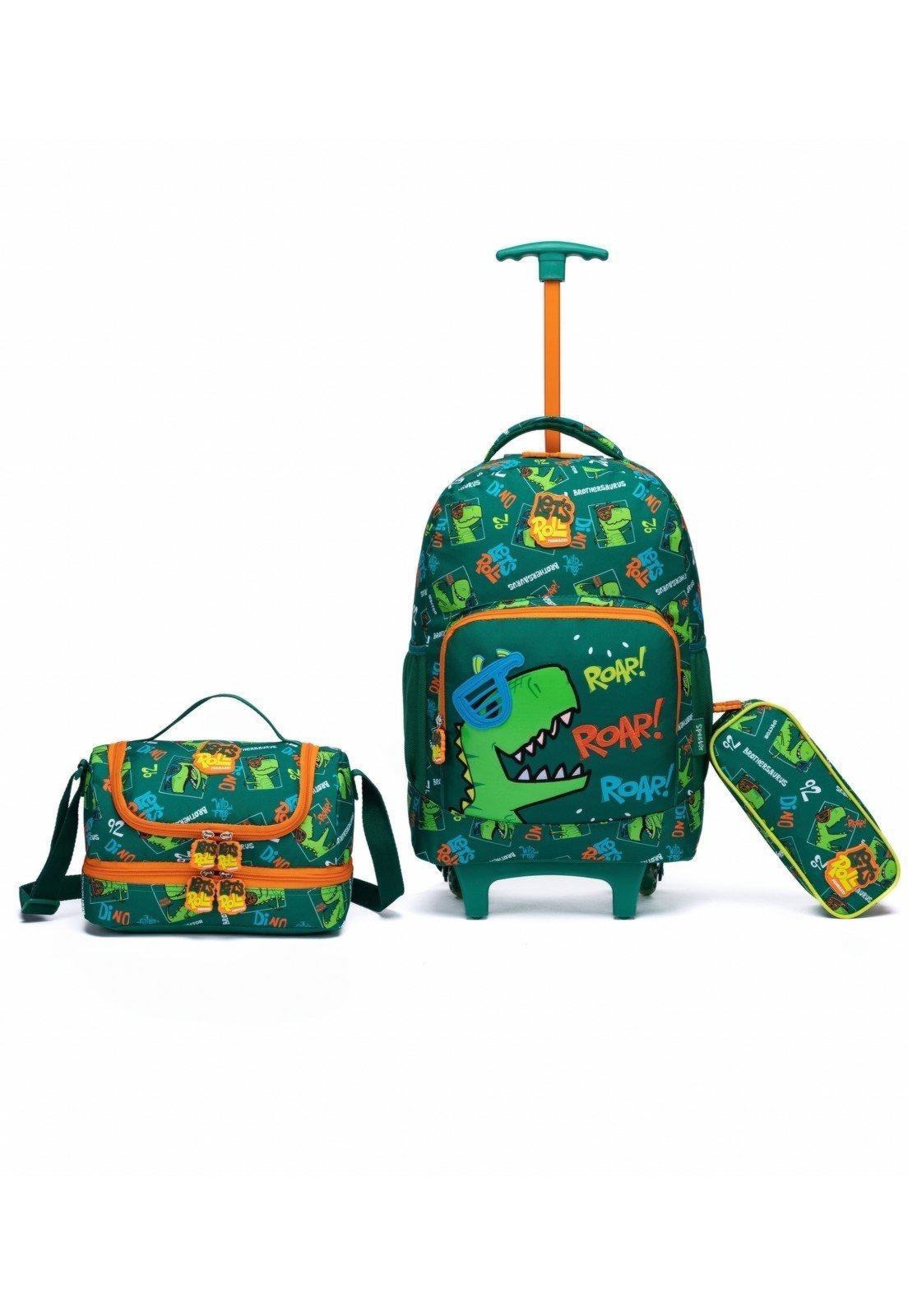 Infantil - Kit Mochila De Rodinhas Escolar Lancheira Estojo Dinossauro
